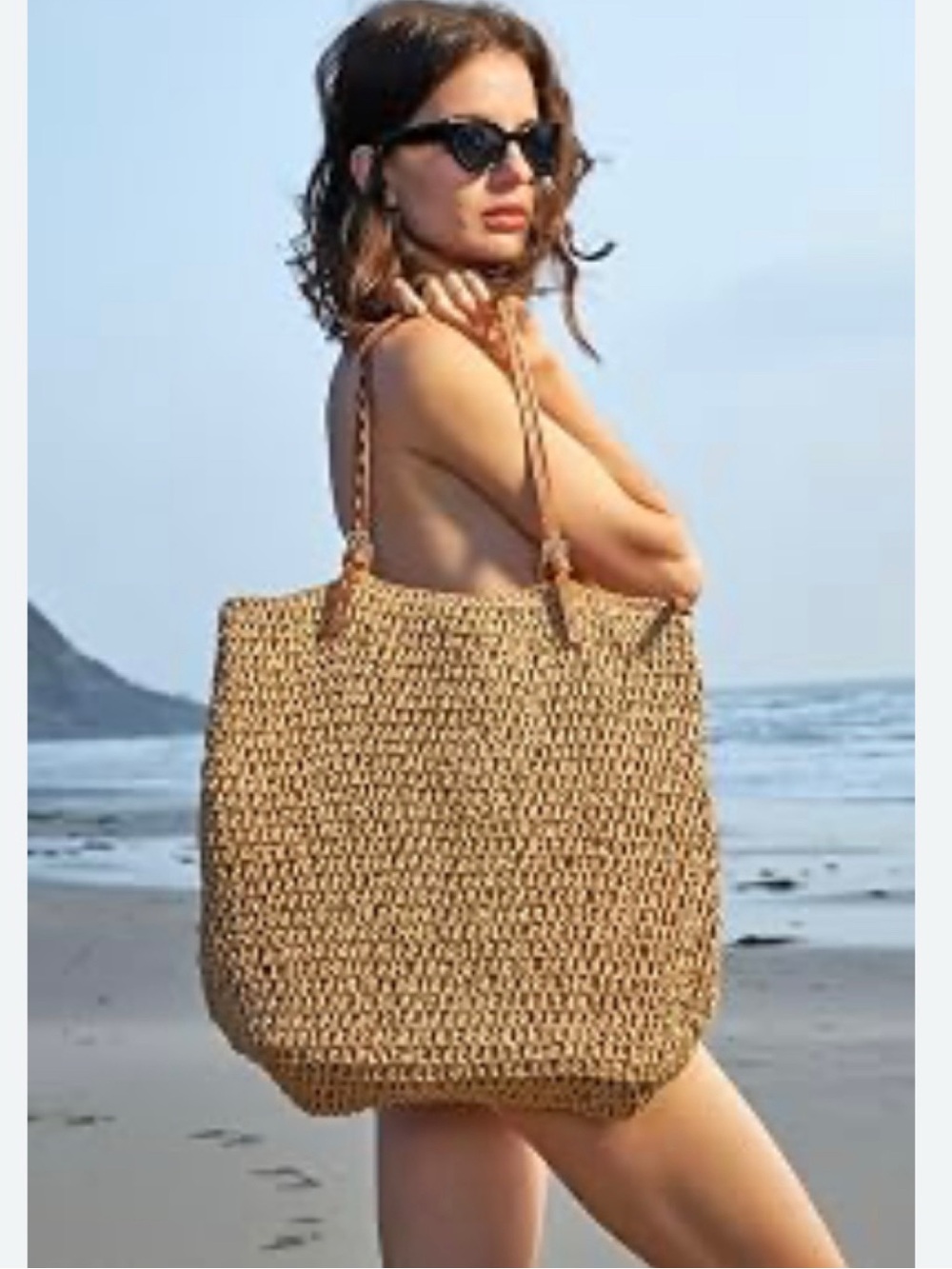 Boho Slouchy extra large Woven Straw beach bag tote tan - Picture 11 of 11